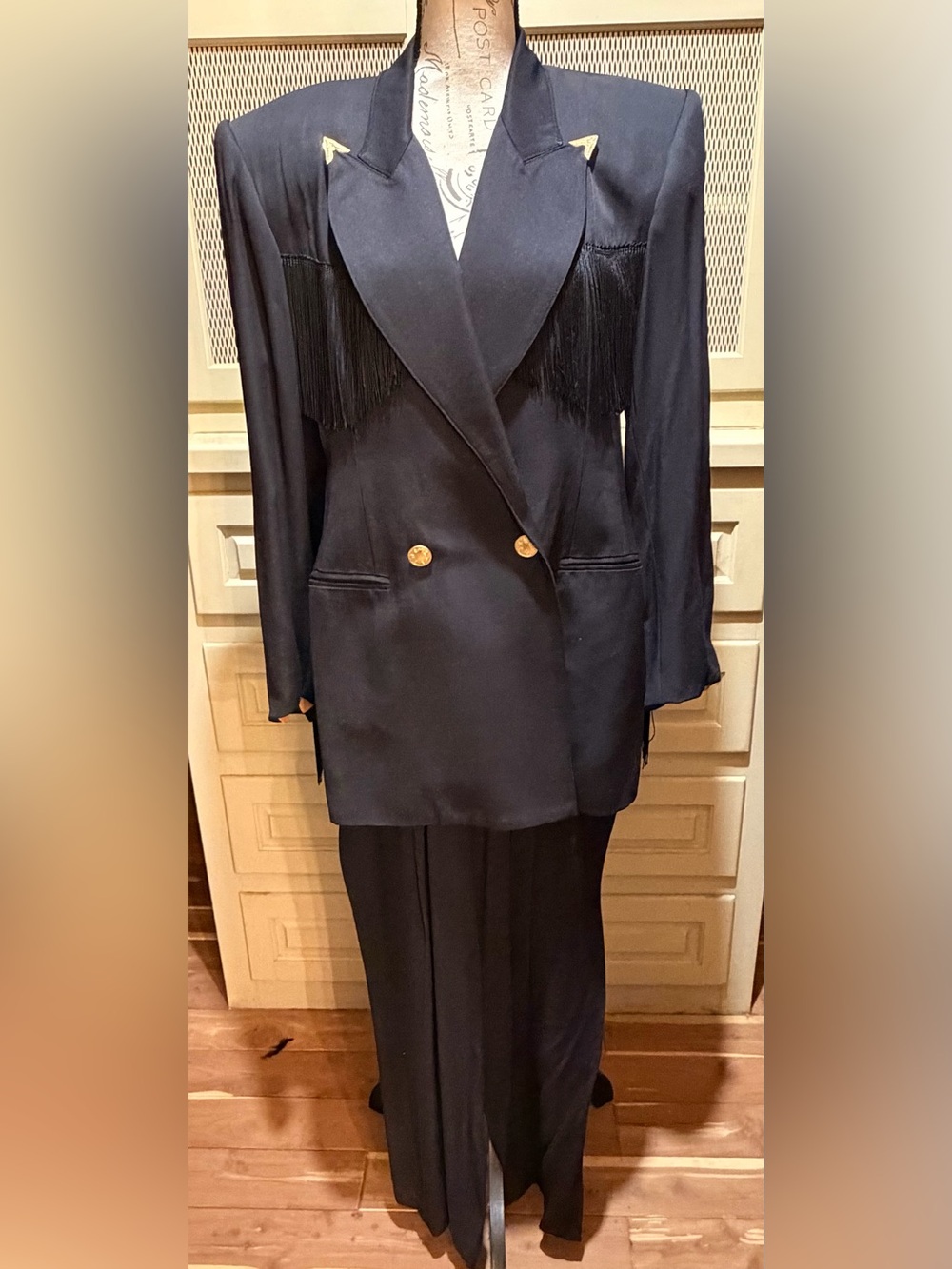 VTG Cache Pants Suit Set Black Black Fringe Gold Chevron Western Power Shoulder